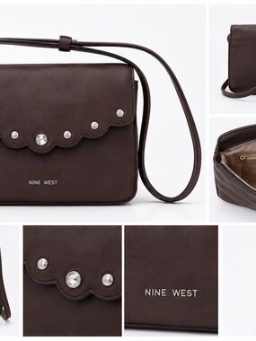 Nine West Brown Scalloped Flap Crossbody with Stud Accents